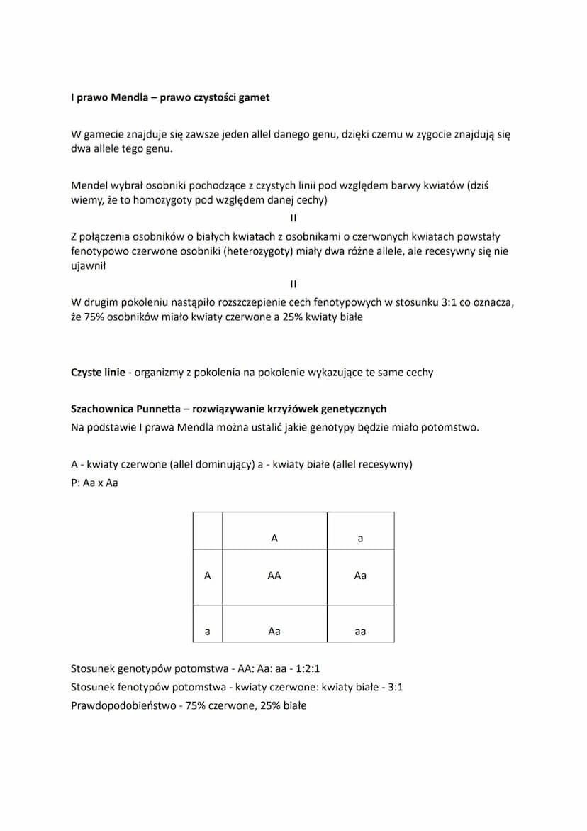 BIOLOGIA GENETYKA KLASYCZNA
2.1. I prawo Mendla. Krzyżówka testowa
Genotyp - zespół wszystkich genów występujących w organizmie.
Fenotyp to 