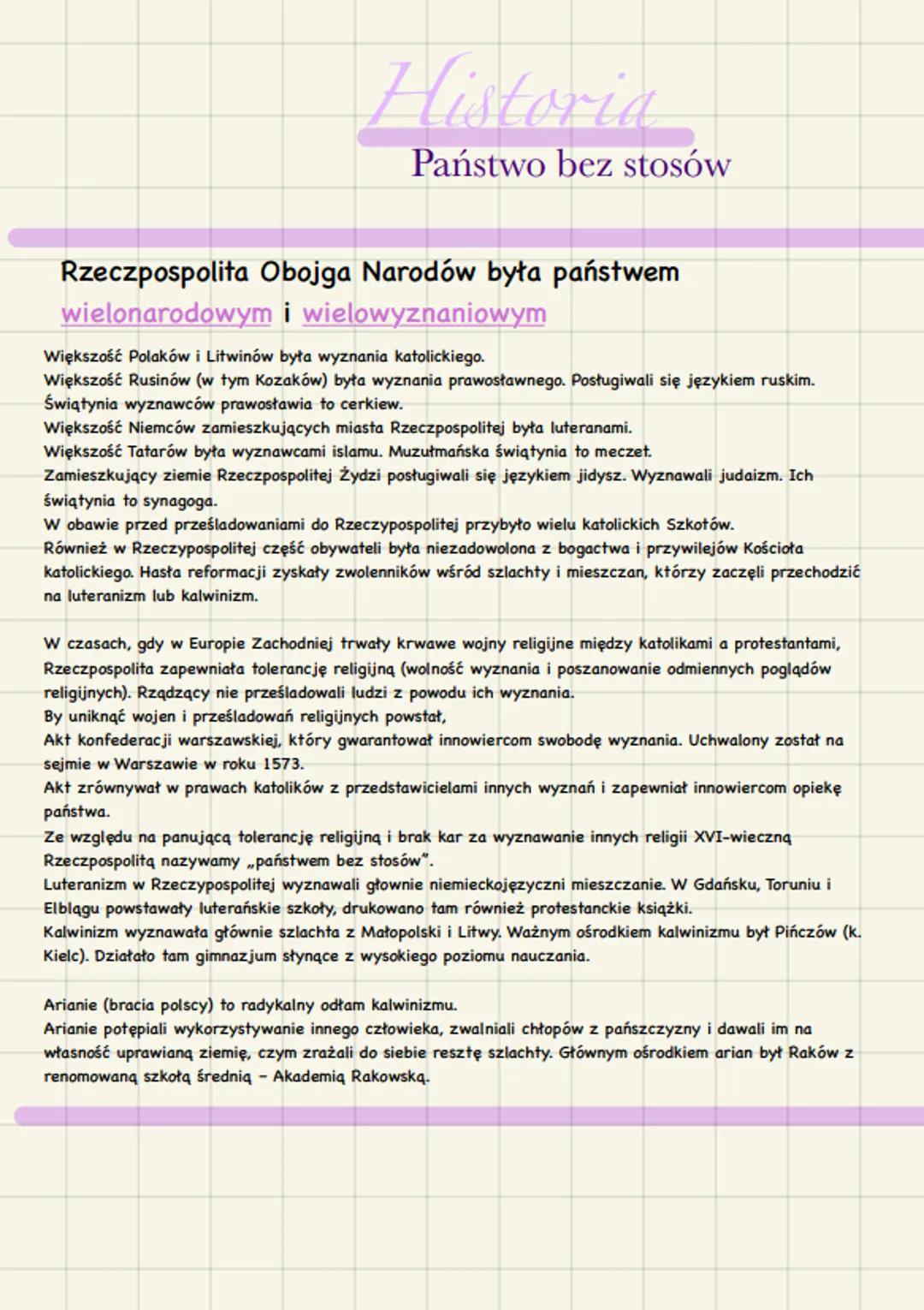 Historia
Państwo bez stosów
Rzeczpospolita Obojga Narodów była państwem
wielonarodowym i wielowyznaniowym
Większość Polaków i Litwinów była 