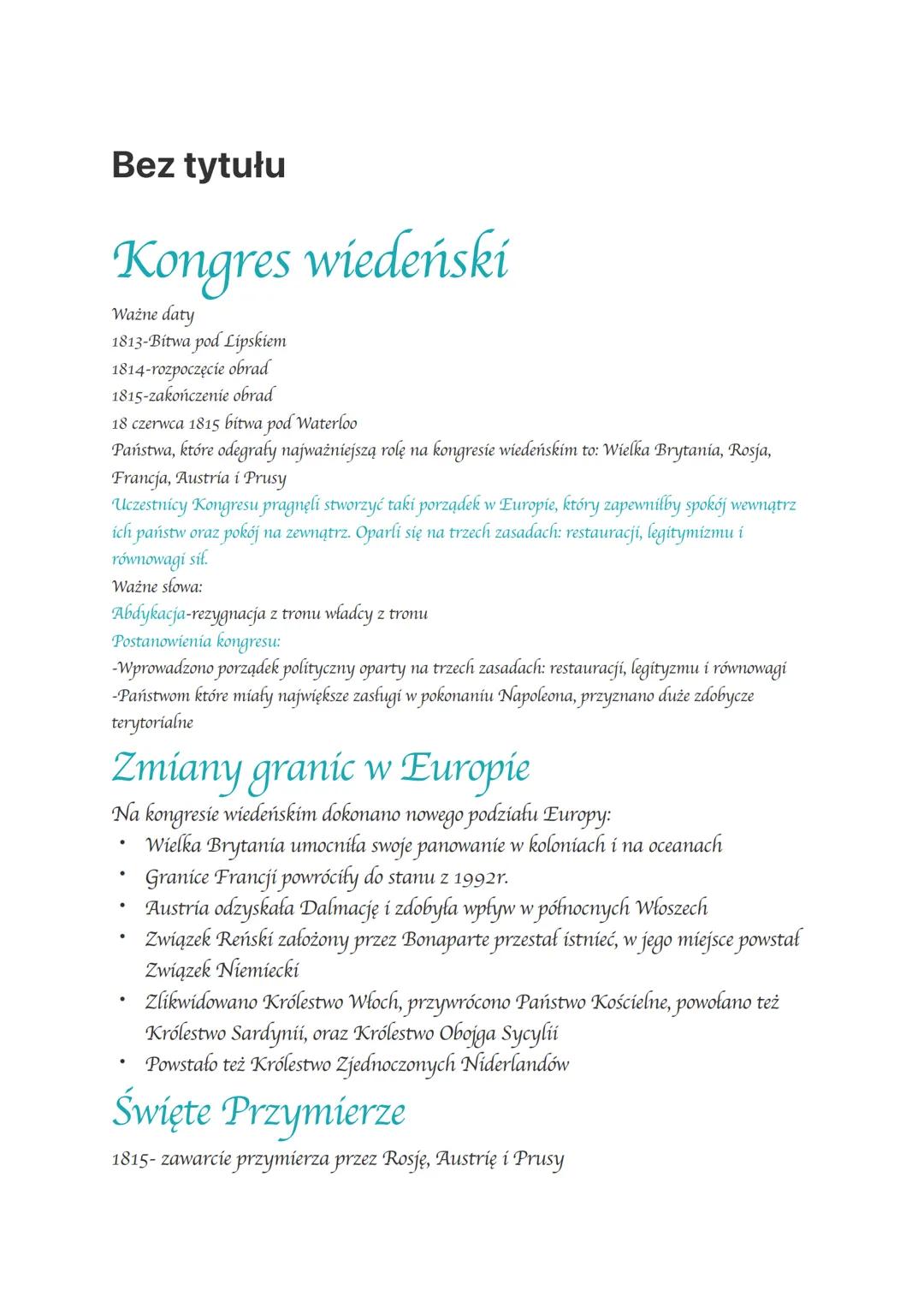 Bez tytułu
Kongres wiedeński
Ważne daty
1813-Bitwa pod Lipskiem
1814-rozpoczęcie obrad
1815-zakończenie obrad
18 czerwca 1815 bitwa pod Wate