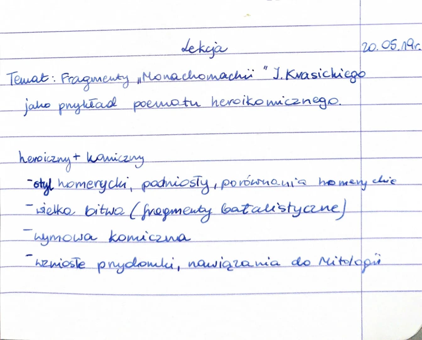 20.05.196
Lekcja
Temat: Fragmenty Monachomachi "J. Krasickiego
jako pnykład poematu heroikomicznego.
heroiczny + kamiczny
-styl homerycki, p