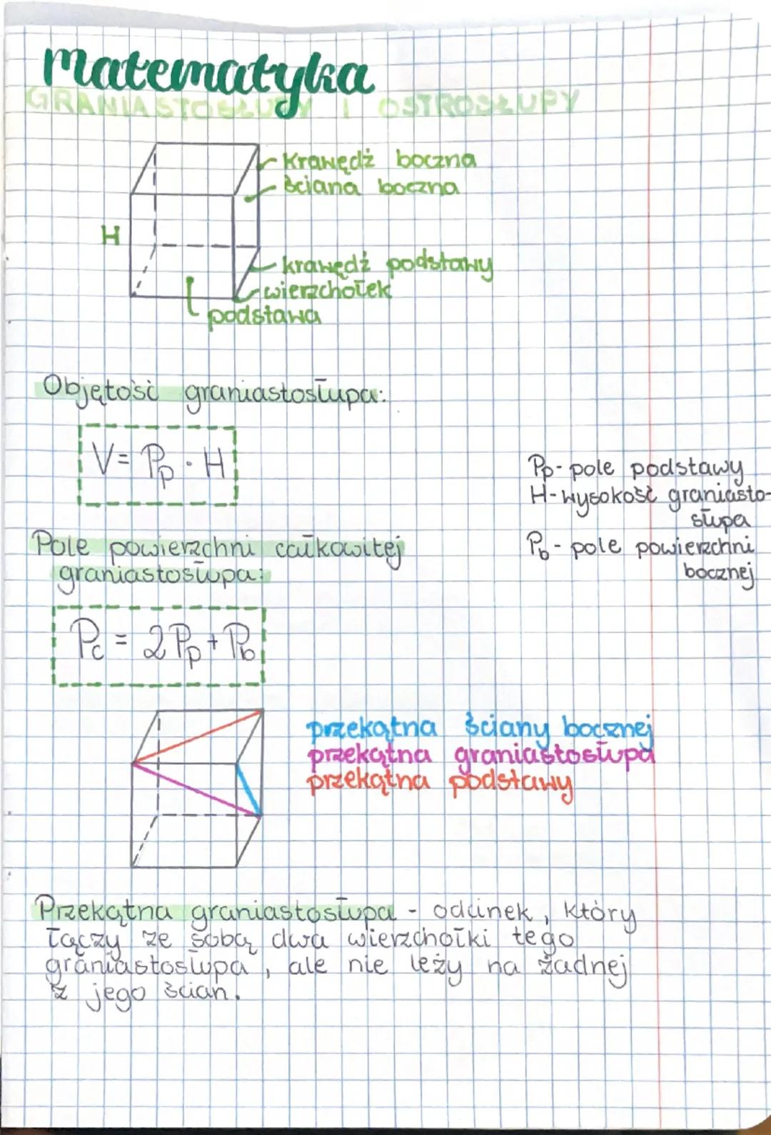 Matematyka
OSTROSŁUPY
H
Krawędź boczna
ściana boczna
krawędź podstawy
wierzchołek
podstawa
Objętość graniastosłupa:
V = Pp 
⋅ H
Pole powierz