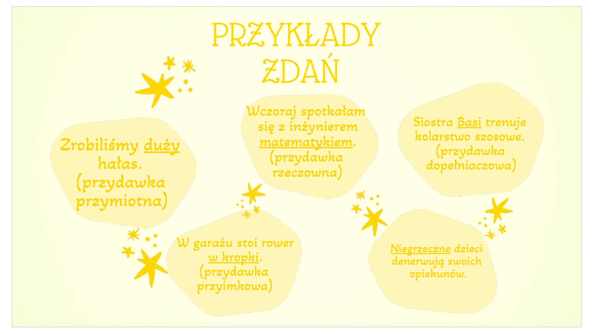 Jest
określeniem
rzeczownika.
PRZYDAWKA
Odpowiada na
pytania:
jaki?
który?
czyj?
ile?
Rodzaje przydawek:
przymiotna
rzeczowna
dopełniaczowa
