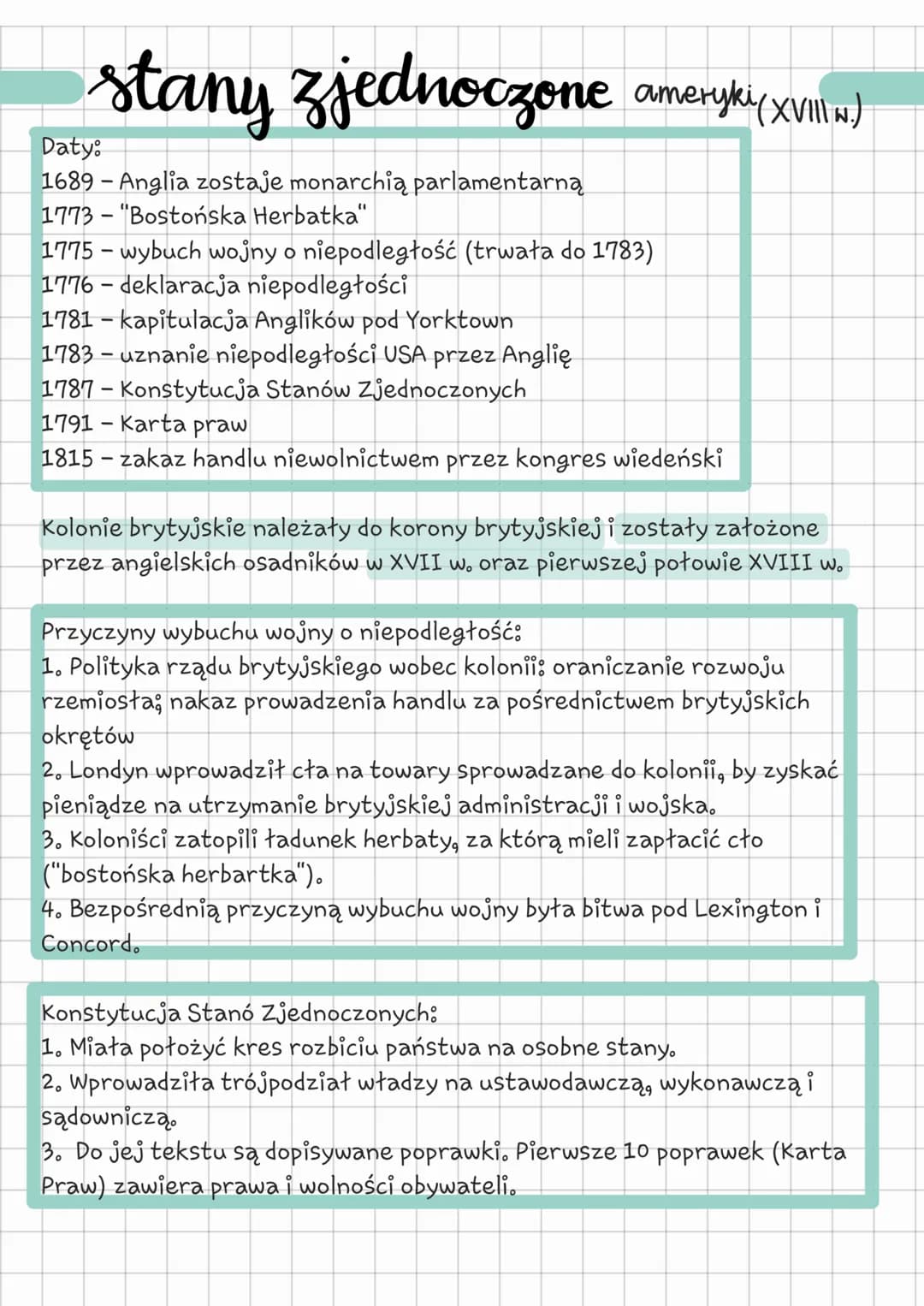 stany Zjednoczone ameryk (XVIII)
w.)
Daty:
1689- Anglia zostaje monarchią parlamentarną
1773- "Bostońska Herbatka"
1775-wybuch wojny o niepo