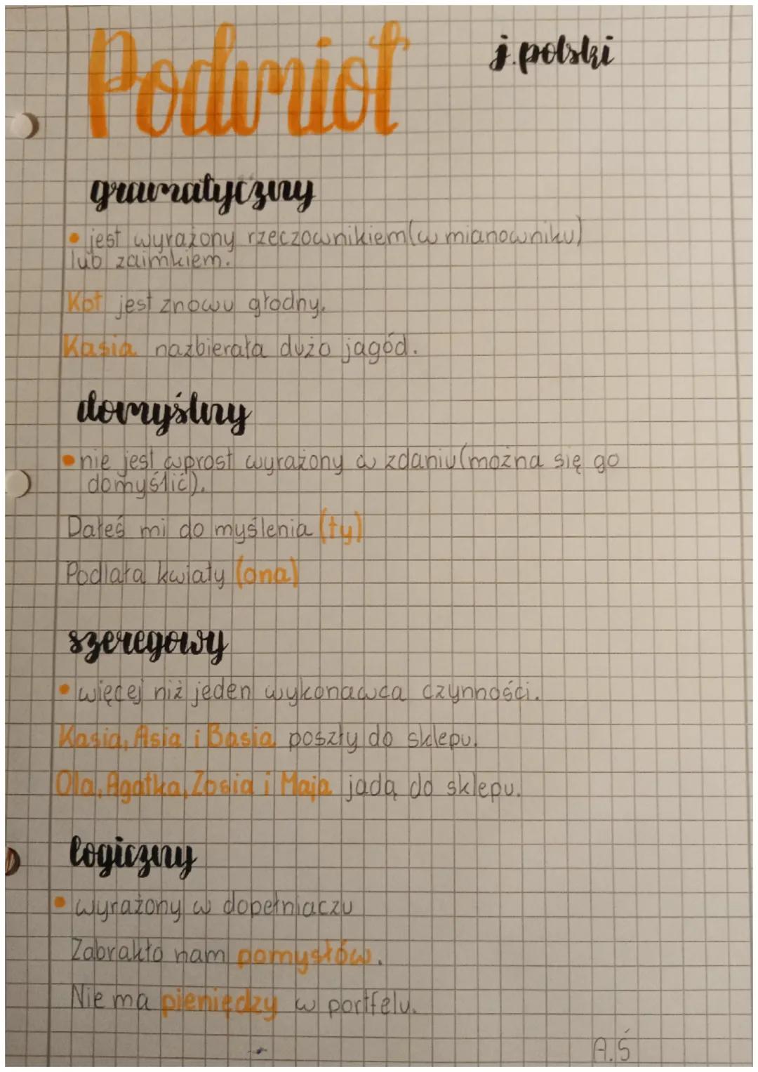 Podmiot

gramatyczny

j.polski

• jest wyrażony rzeczownikiem (wmianowniku)
lub zaimkiem.

Kot jest znowu głodny.

Kasia nazbierała dużo jag