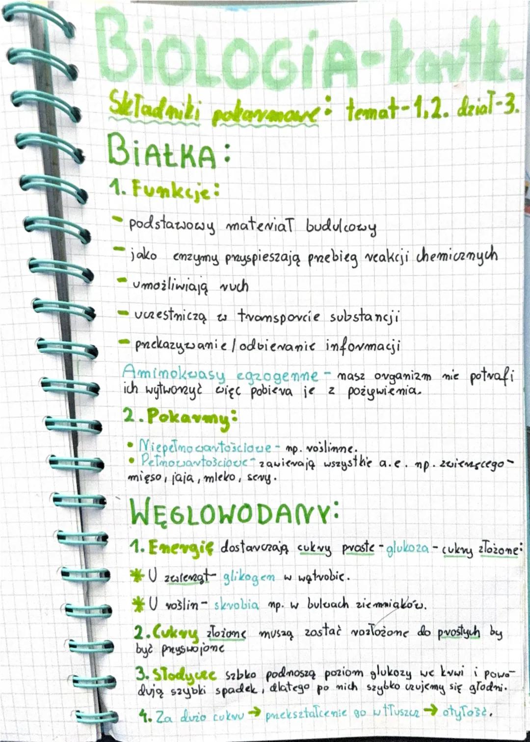 # BIOLOGIA-kartk.
SeTadniki pakarmave: temat-1.2. dział-3.
# BIAŁKA:
1. Funkcje:
- podstawowy materiał budulcowy
- jako enzymy pryspieszają 