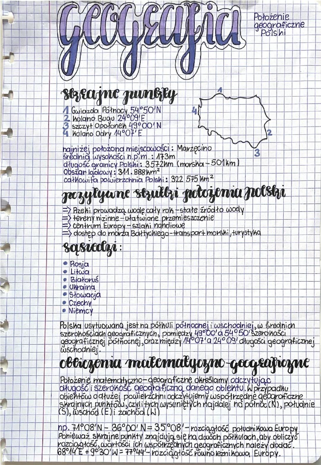Goografia
sezrajne punkty
Gwiazola Północy 54°50'N
2 kolano Bugu 24°09'E
3 szczył Opofonen 49°00'N
4 Kolano Odry 14°07'E
hajniżej położona m