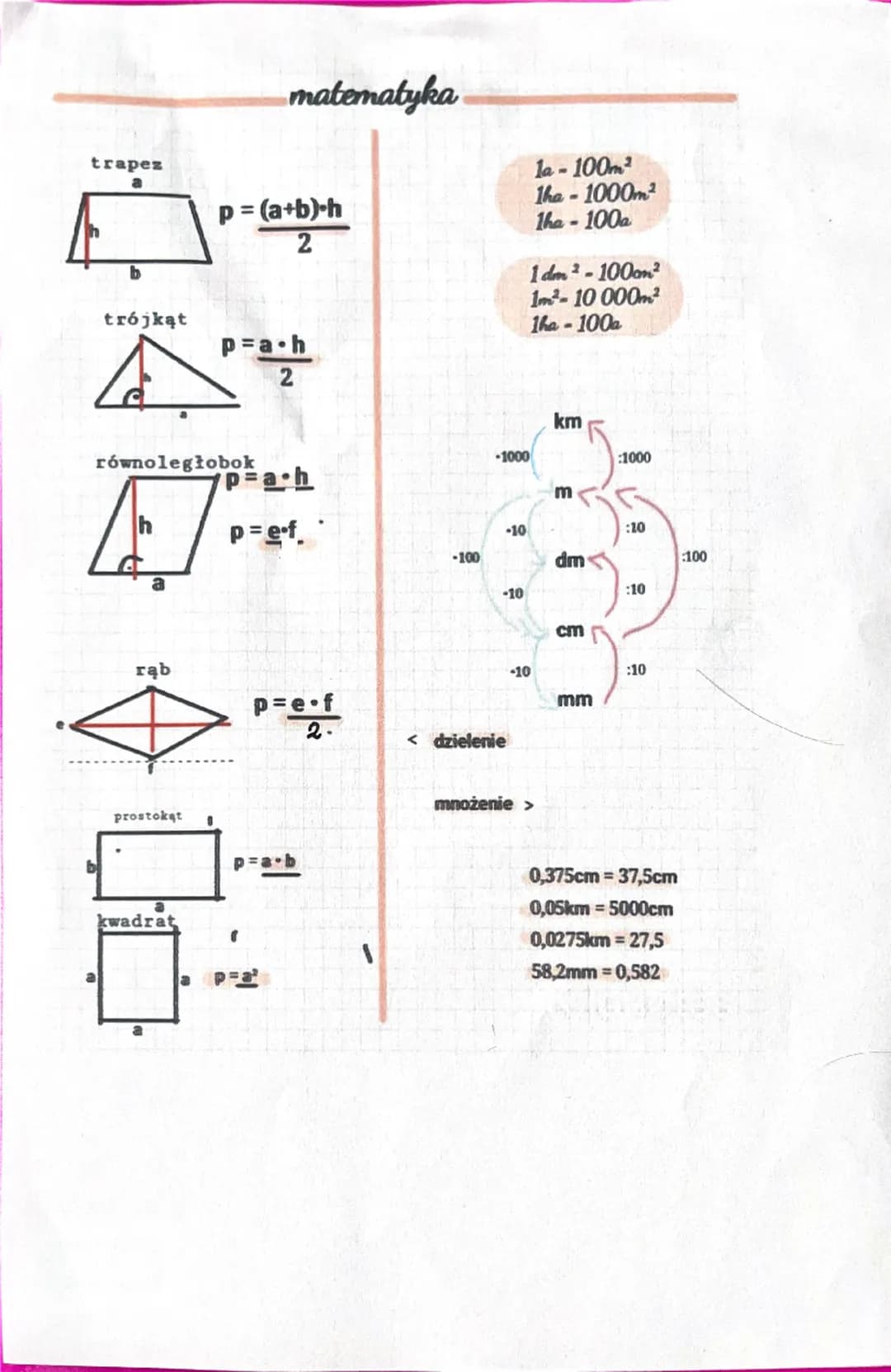 trapez
p = (a+b)-h
matematyka
2
la-100m²
1ha-1000m²
1ha-100a
1 dm2-1000m2
13- 10000m2
1ha-100a
trójkąt
p=a-h
2
równoległobok
rab
prostokąt
k