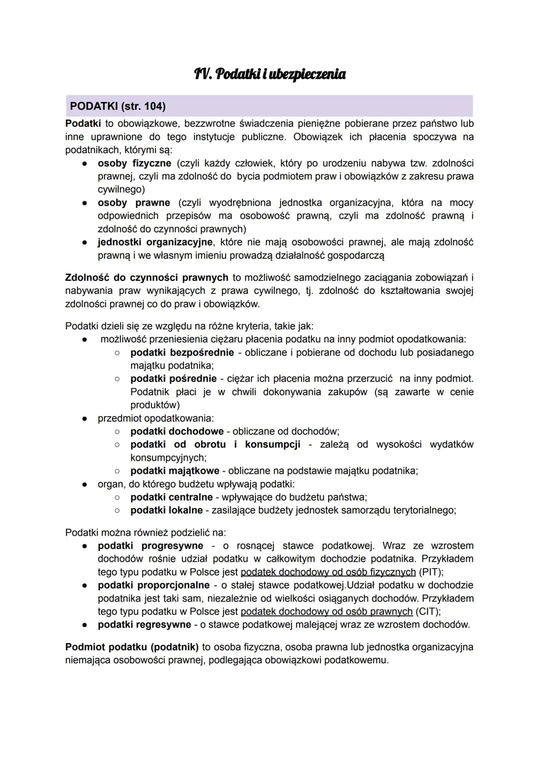 PODATKI (str. 104)
Podatki to obowiązkowe, bezzwrotne świadczenia pieniężne pobierane przez państwo lub
inne uprawnione do tego instytucje p