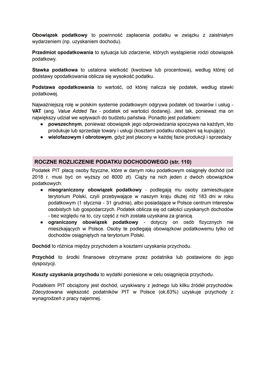 PODATKI (str. 104)
Podatki to obowiązkowe, bezzwrotne świadczenia pieniężne pobierane przez państwo lub
inne uprawnione do tego instytucje p