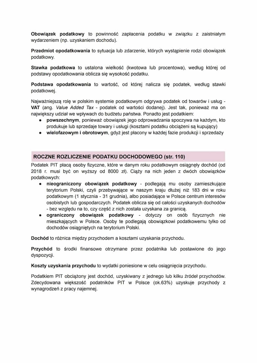 PODATKI (str. 104)
Podatki to obowiązkowe, bezzwrotne świadczenia pieniężne pobierane przez państwo lub
inne uprawnione do tego instytucje p
