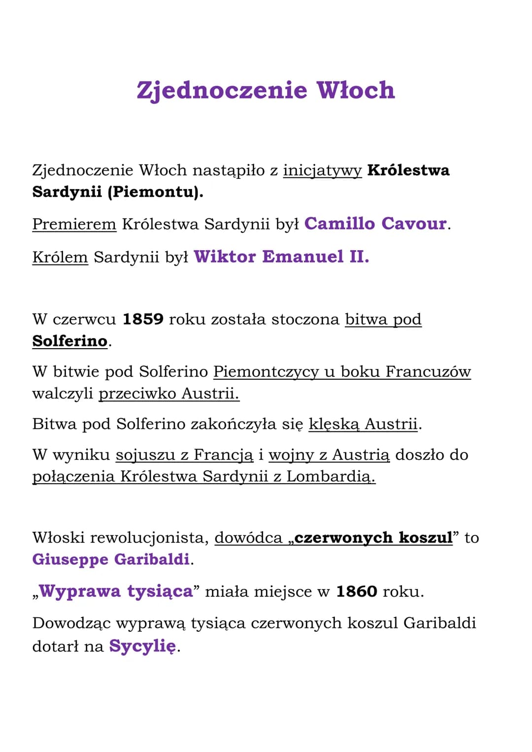 Zjednoczenie Włoch
Zjednoczenie Włoch nastąpiło z inicjatywy Królestwa
Sardynii (Piemontu).
Premierem Królestwa Sardynii był Camillo Cavour.