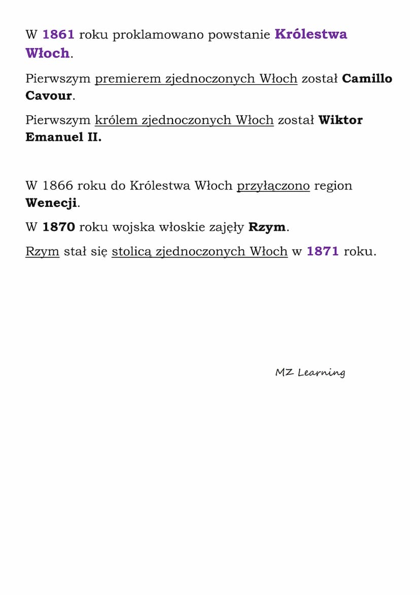 Zjednoczenie Włoch
Zjednoczenie Włoch nastąpiło z inicjatywy Królestwa
Sardynii (Piemontu).
Premierem Królestwa Sardynii był Camillo Cavour.