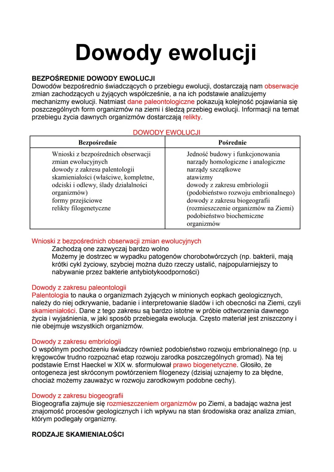 Dowody ewolucji
BEZPOŚREDNIE DOWODY EWOLUCJI
Dowodów bezpośrednio świadczących o przebiegu ewolucji, dostarczają nam obserwacje
zmian zachod