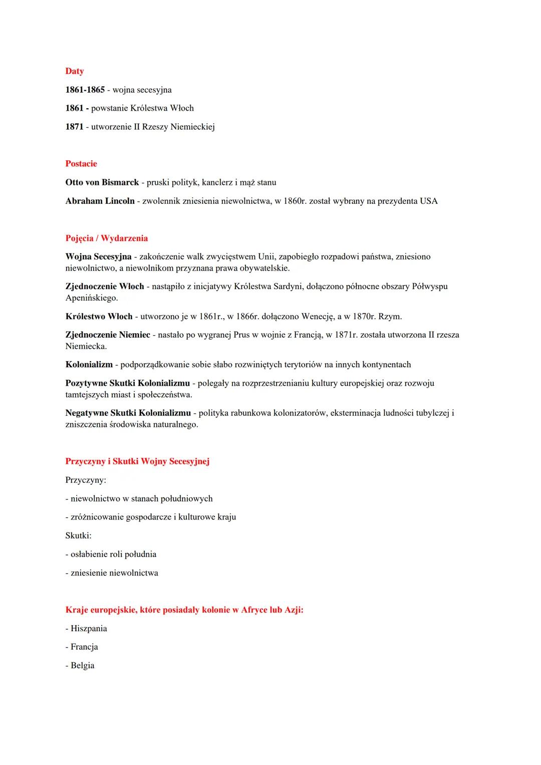 Daty
1861-1865 wojna secesyjna
1861 - powstanie Królestwa Włoch
1871 - utworzenie II Rzeszy Niemieckiej
Postacie
Otto von Bismarck - pruski 