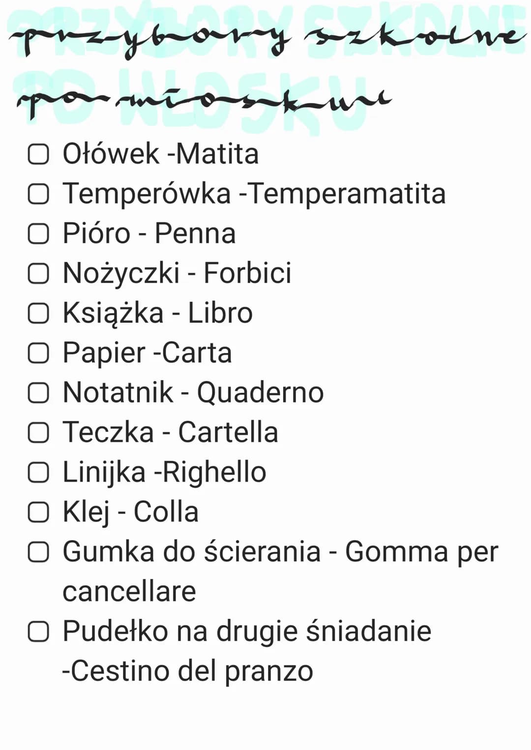 przybory szkolne
pou míoskuri
O Ołówek -Matita
O Temperówka -Temperamatita
O Pióro - Penna
O Nożyczki - Forbici
O Książka - Libro
O Papier -