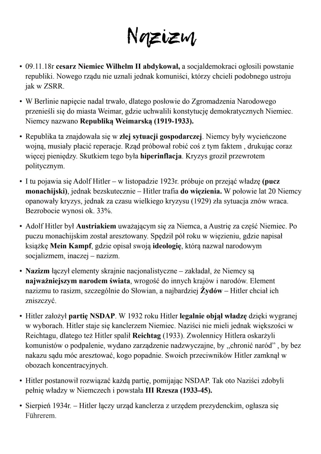 Nazizm
09.11.18r cesarz Niemiec Wilhelm II abdykował, a socjaldemokraci ogłosili powstanie
republiki. Nowego rządu nie uznali jednak komuniś