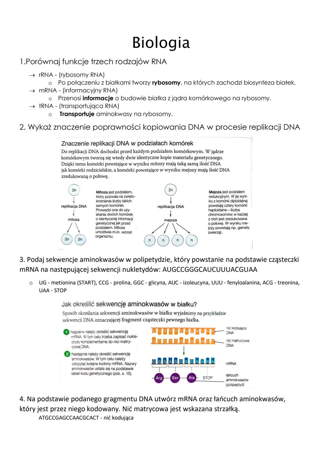 1.Porównaj funkcje trzech rodzajów RNA
→ rRNA - (rybosomy RNA)
O Po połączeniu z białkami tworzy rybosomy, na których zachodzi biosynteza bi