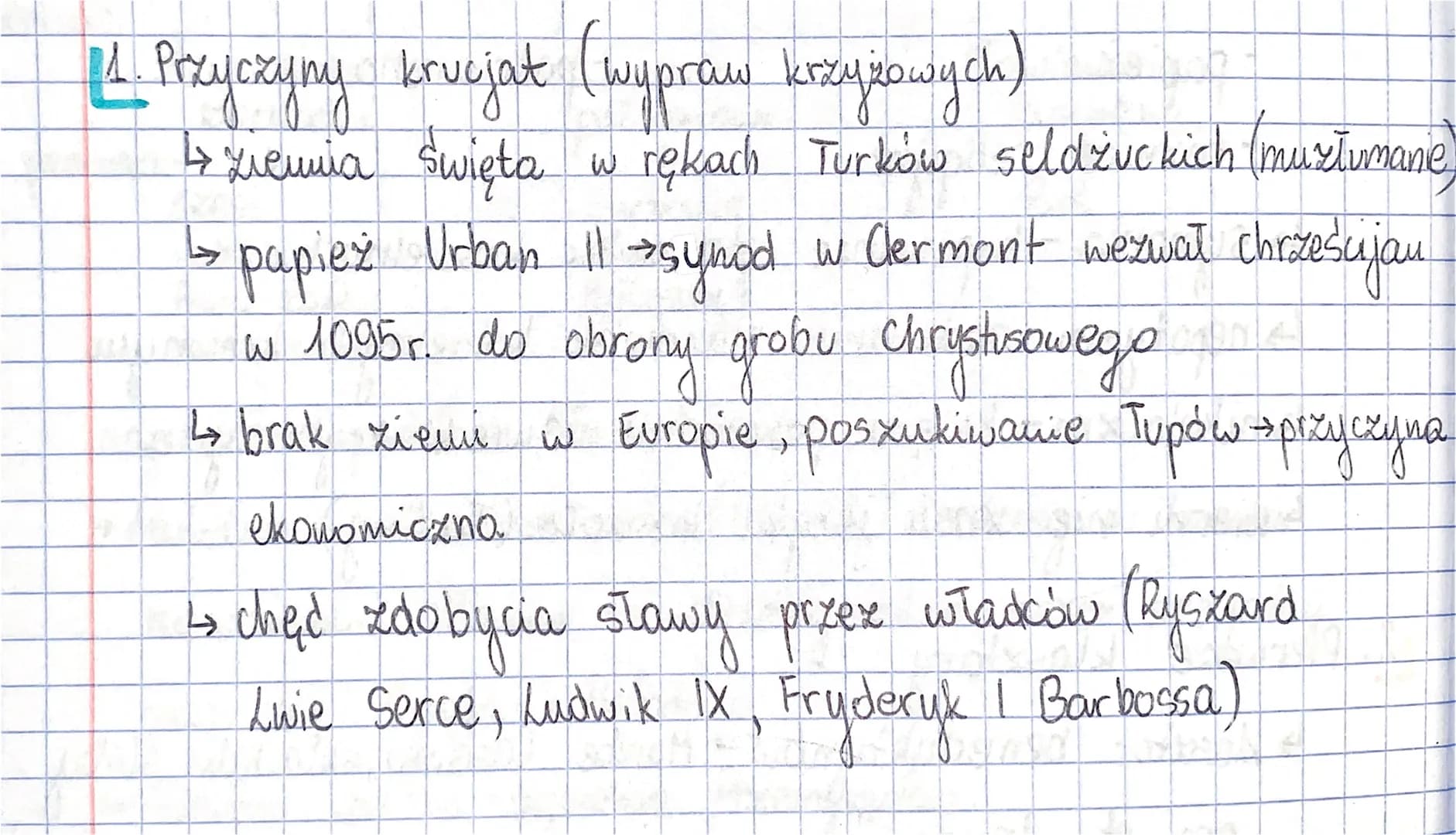 14. Przyczyny krucjał (wypraw krzyjżowych)
↳ Ziemia święta w rękach Turków seldżuckich (musłumanie)
L papież Urban 11 → synod w Clermont wez