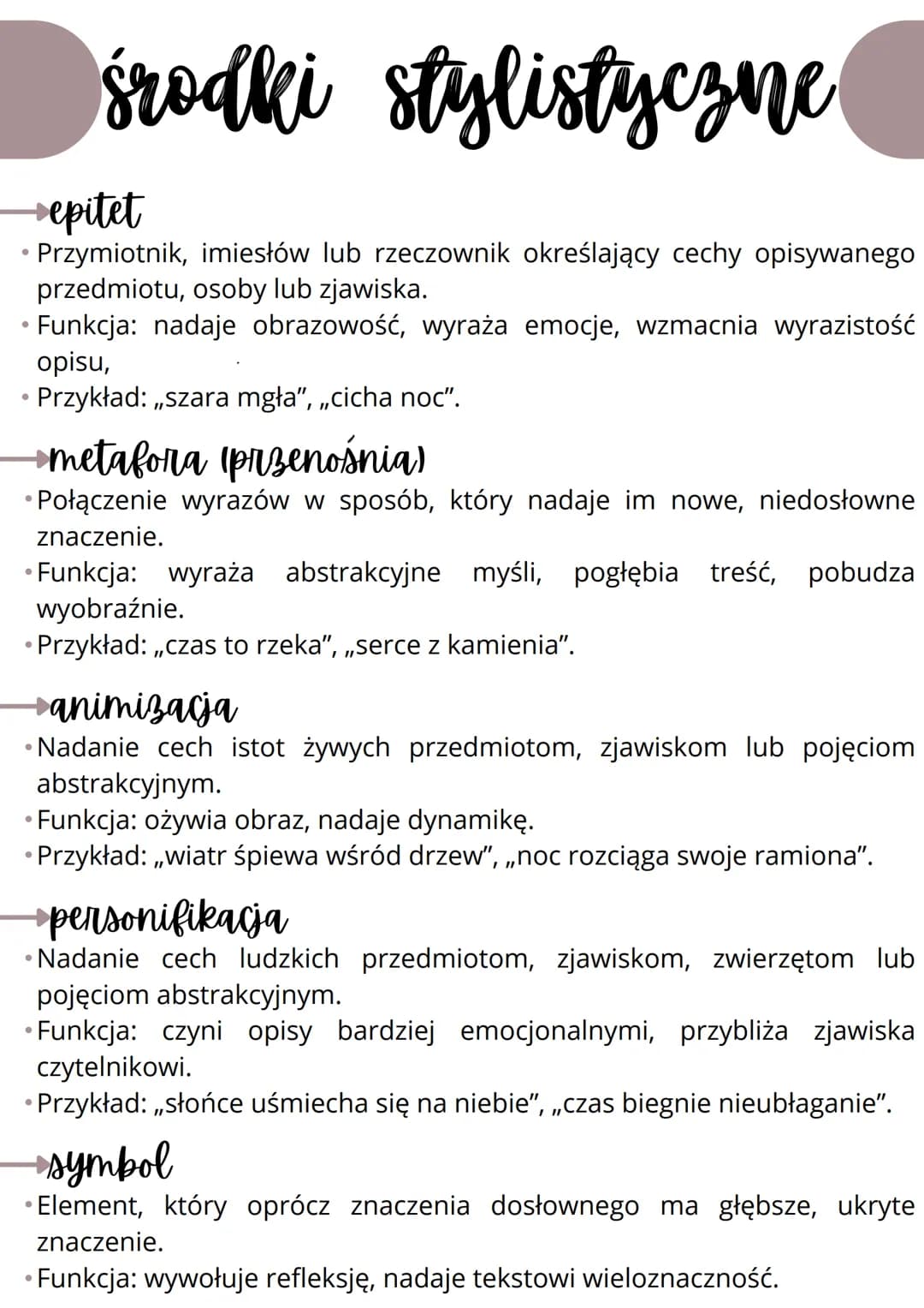 •
Środki stylistyczne
→epitet
Przymiotnik, imiesłów lub rzeczownik określający cechy opisywanego
przedmiotu, osoby lub zjawiska.
• Funkcja: 