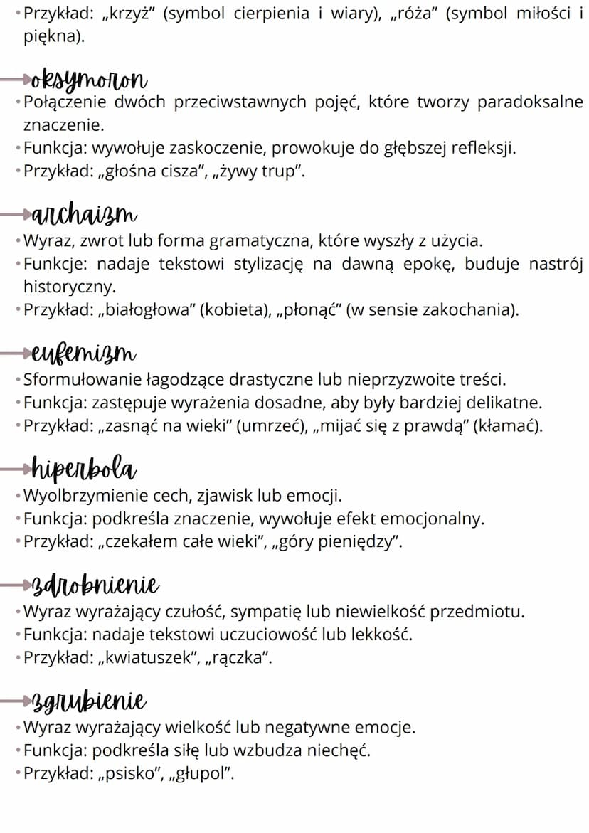 •
Środki stylistyczne
→epitet
Przymiotnik, imiesłów lub rzeczownik określający cechy opisywanego
przedmiotu, osoby lub zjawiska.
• Funkcja: 