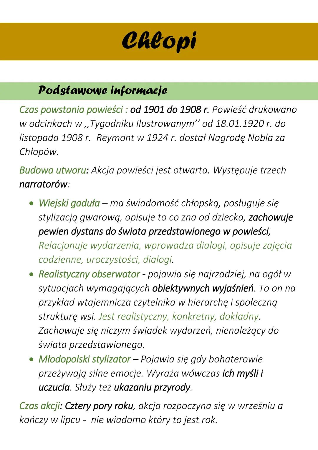 --- OCR Start ---
Chłopi
Podstawowe informacje
Czas powstania powieści: od 1901 do 1908 r. Powieść drukowano
w odcinkach w,,Tygodniku Ilustr