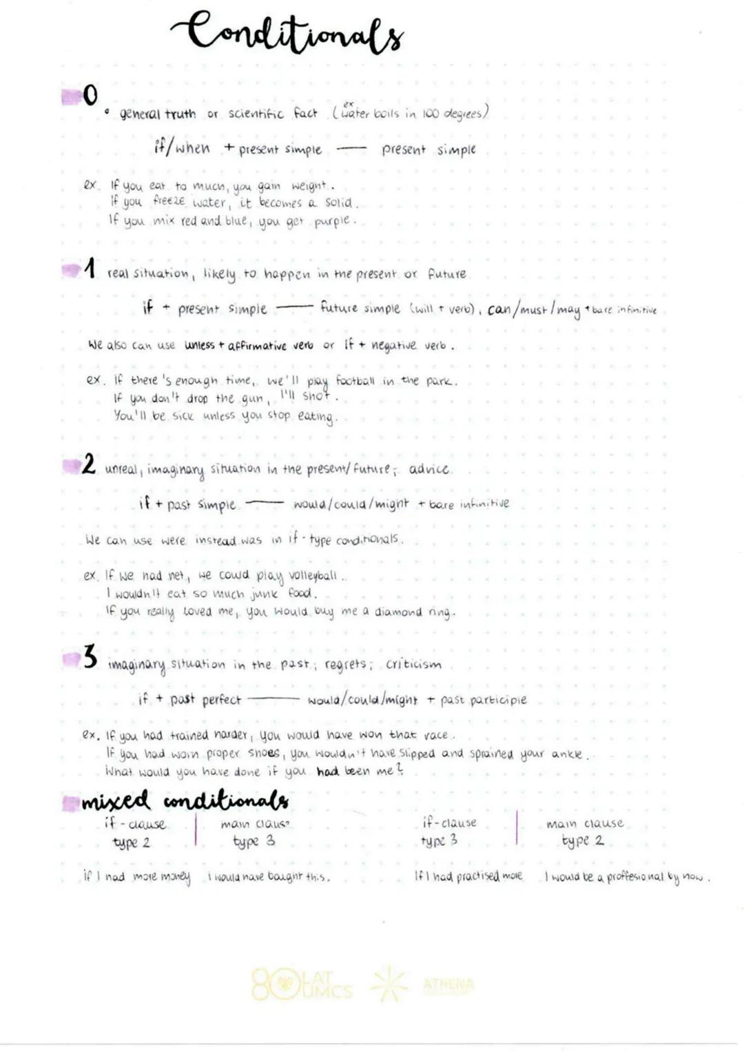 # Conditionals

0

*   general truth or scientific fact (water boils in 100 degrees)

if/when + present simple -------- present simple

ex. 