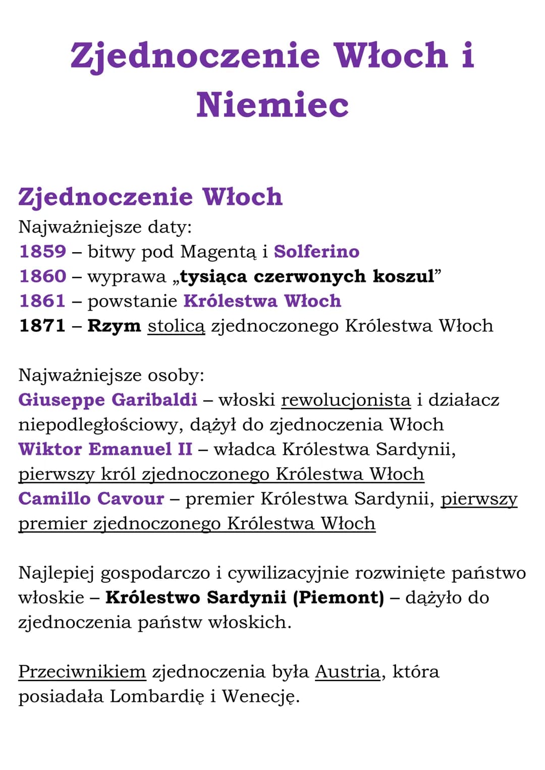 Zjednoczenie Włoch i
Niemiec
Zjednoczenie Włoch
Najważniejsze daty:
1859 - bitwy pod Magentą i Solferino
1860 - wyprawa „tysiąca czerwonych 