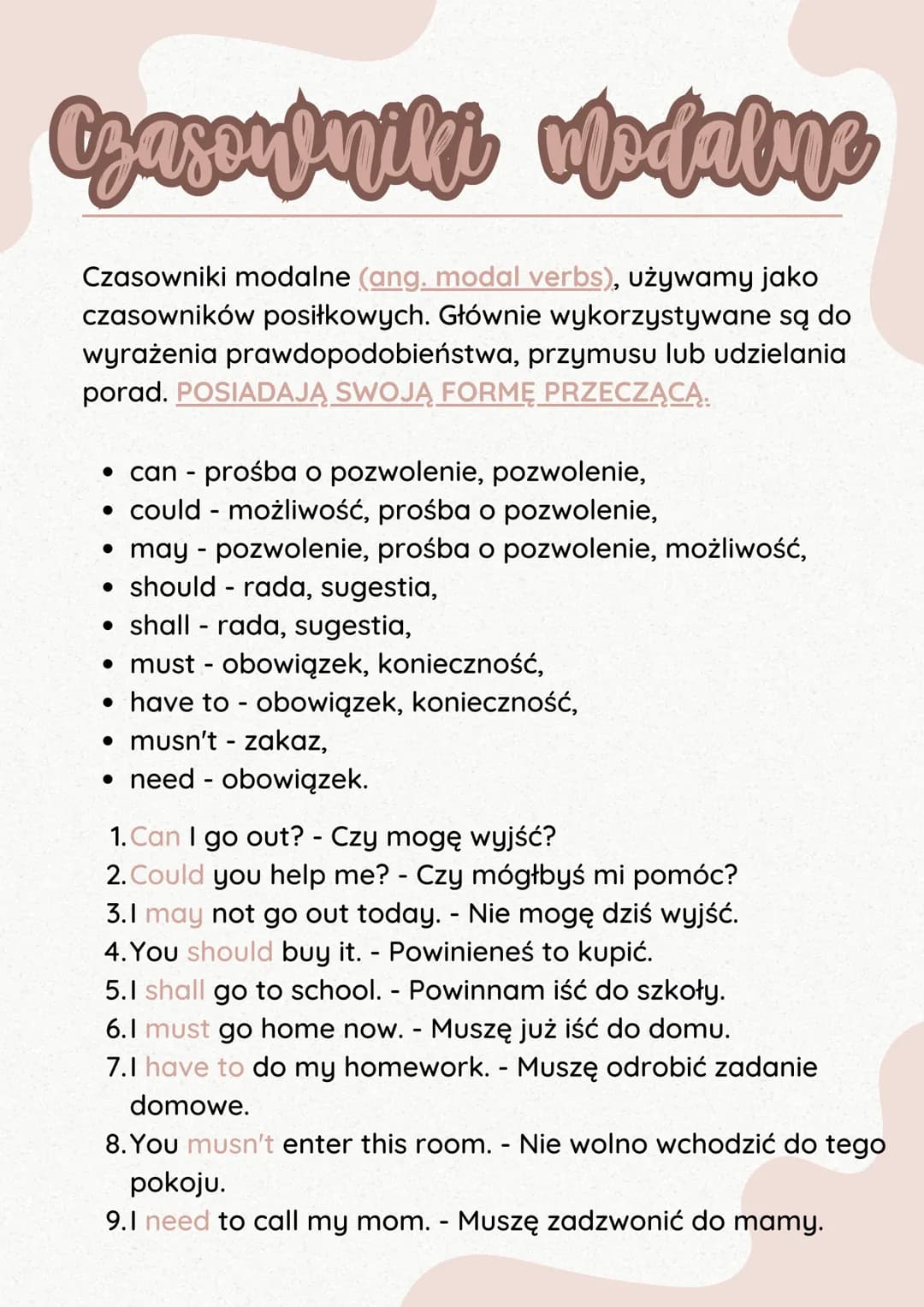 Czasenjniki Medalne
Czasowniki modalne (ang. modal verbs), używamy jako
czasowników posiłkowych. Głównie wykorzystywane są do
wyrażenia praw