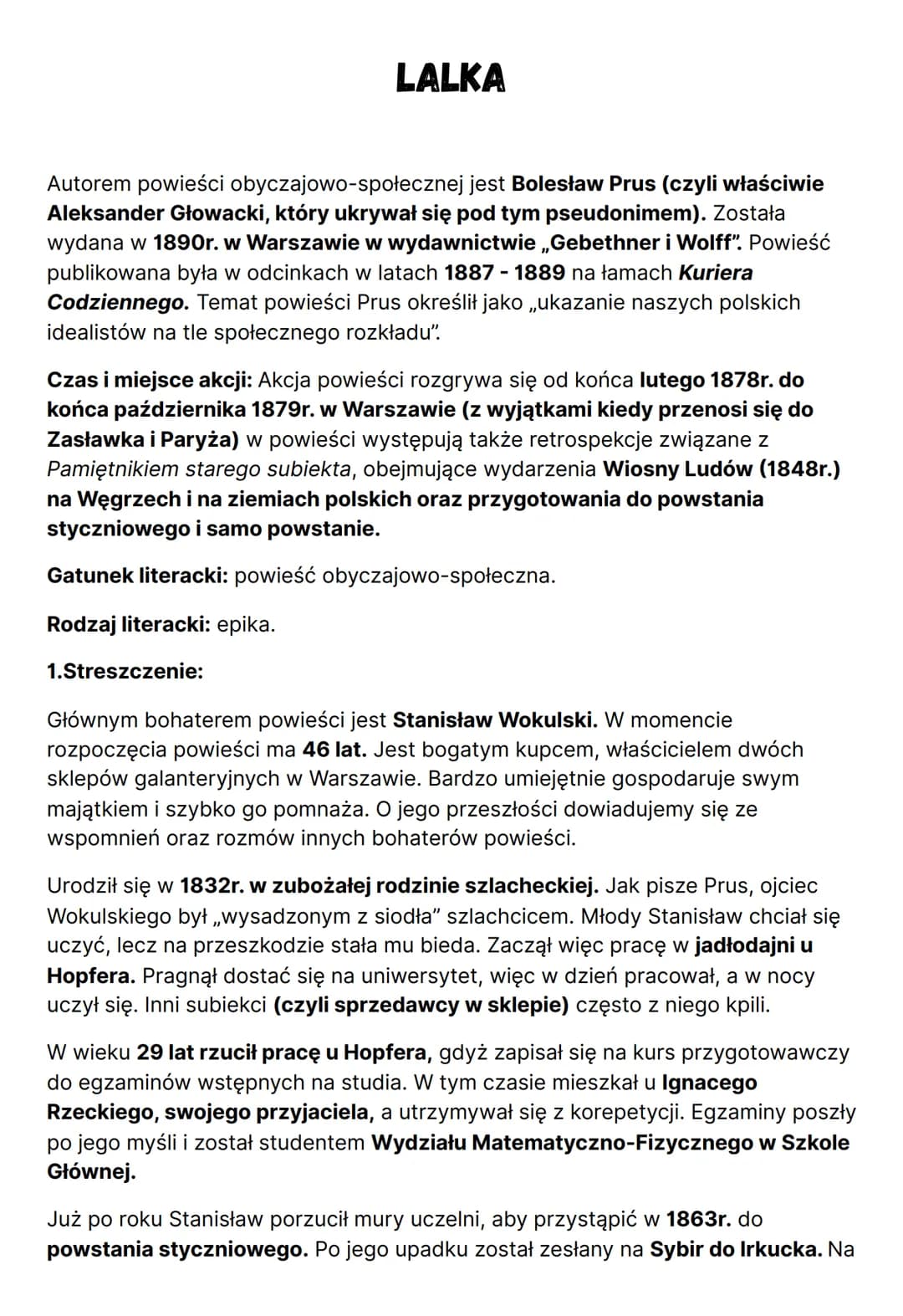 LALKA
Autorem powieści obyczajowo-społecznej jest Bolesław Prus (czyli właściwie
Aleksander Głowacki, który ukrywał się pod tym pseudonimem)