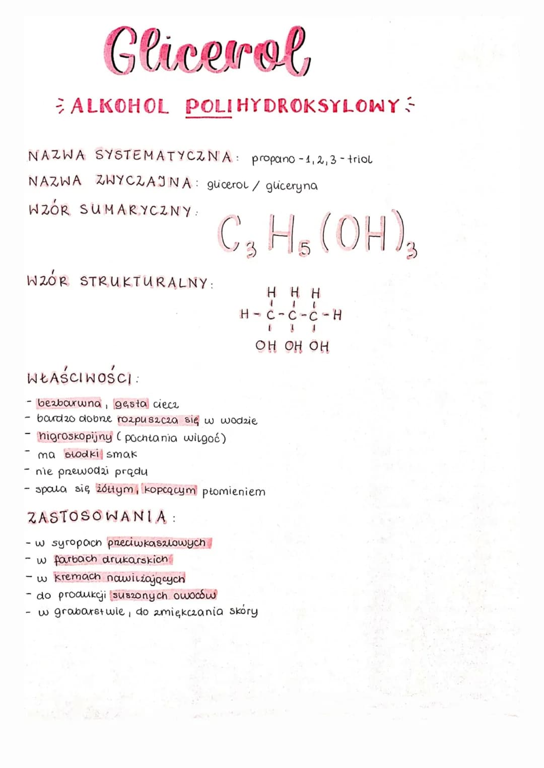 Glicerol
ALKOHOL POLIHYDROKSYLOWYS
NAZWA SYSTEMATYCZNA: propano -1, 2, 3 - triol
NAZWA ZWYCZAJNA: glicerol / gliceryna
WZÓR SUMARYCZNY:
WZÓR