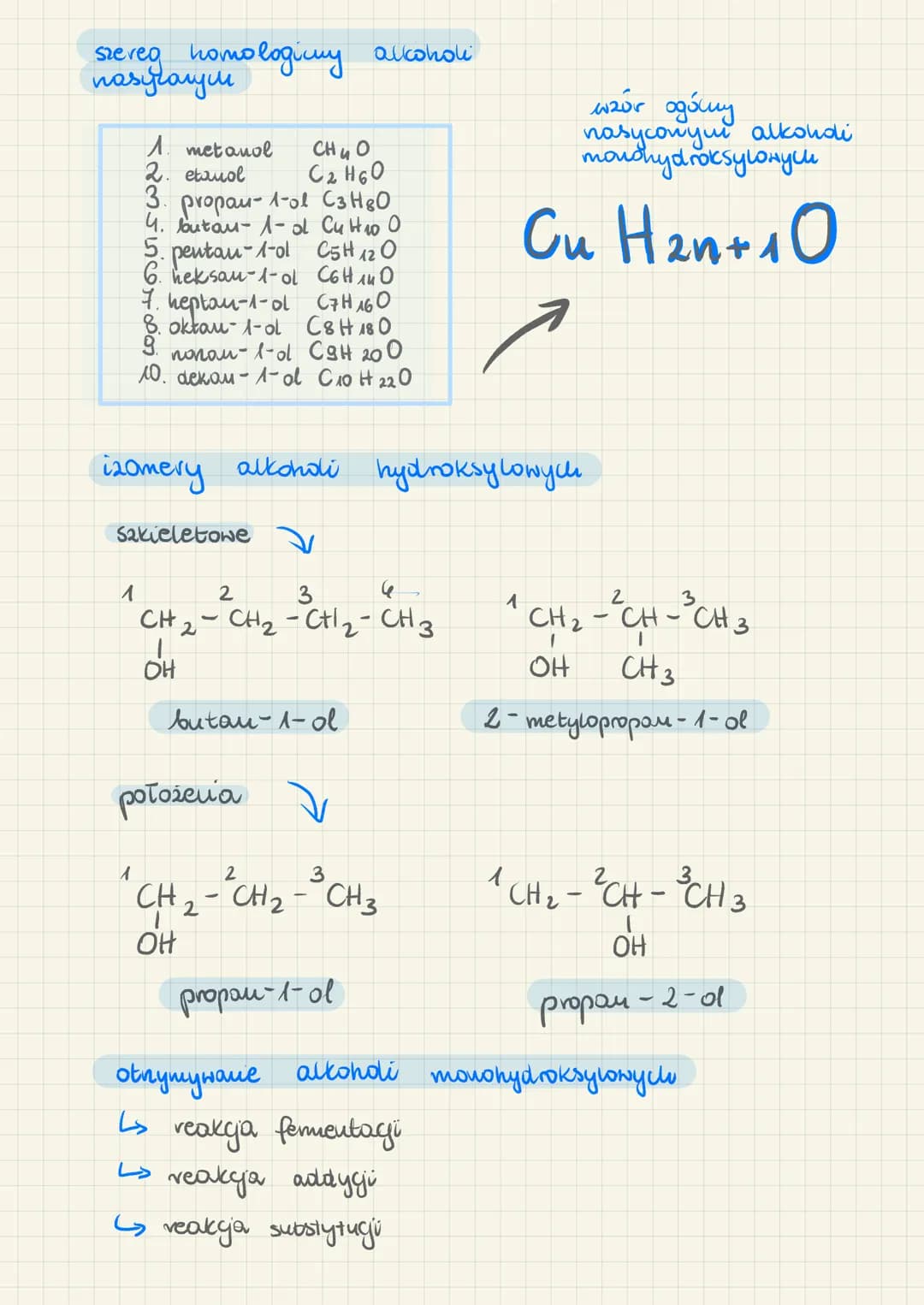 ### szereg homologicny alkoholi nasyconych
1. metanol $CH_4O$
2. etanol $C_2H_6O$
3. propan-1-ol $C_3H_8O$
4. butan-1-ol $C_4H_{10}O$
5