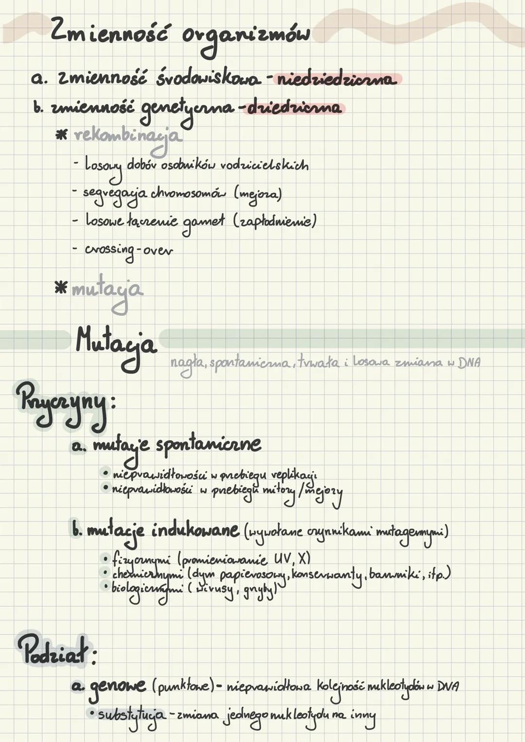 # Zmienność organizmów
a. Zmienność śvodowiskowa - niedziedziczna
b. zmienność genetycrna-driedricrna
* rekombinaja
- Losowy
dobór osobnik