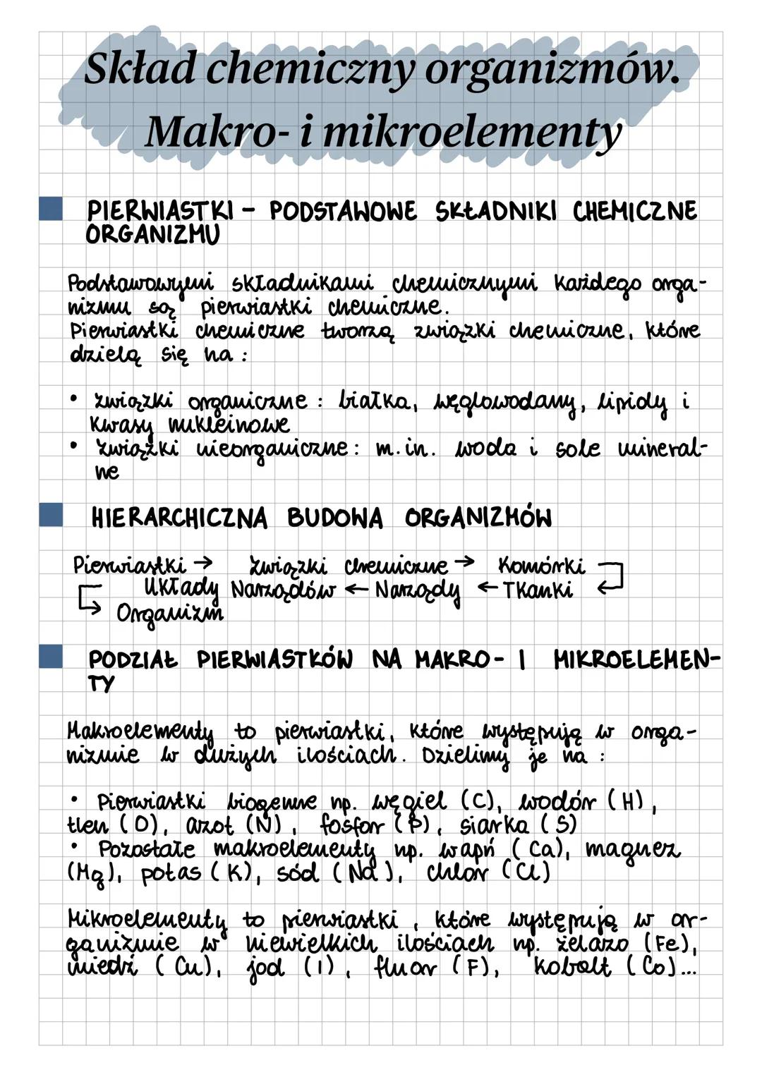 # Skład chemiczny organizmów.
# Makro- i mikroelementy
PIERWIASTKI - PODSTAWOWE SKŁADNIKI CHEMICZNE
ORGANIZMU
Podstawowyeni składnikami ch
