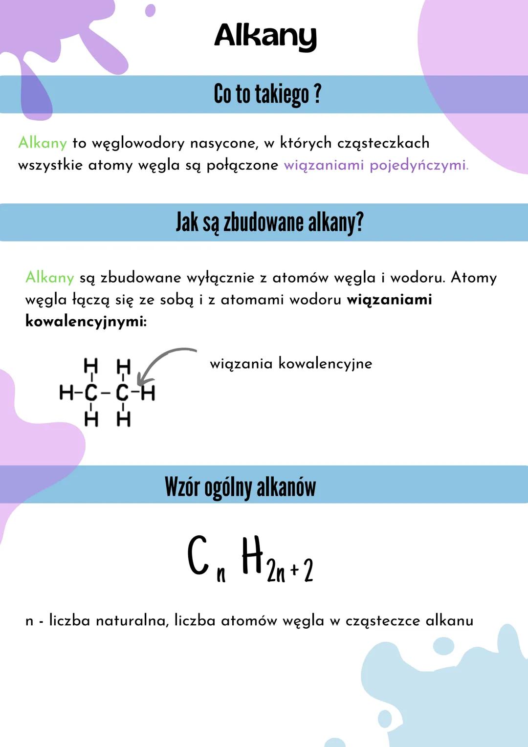 Alkany
Co to takiego ?
Alkany to węglowodory nasycone, w których cząsteczkach
wszystkie atomy węgla są połączone wiązaniami pojedyńczymi.
Ja