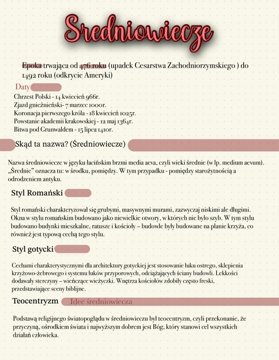 # Sredniowiecze
Epoka trwająca od 476 roku (upadek Cesarstwa Zachodniorzymskiego) do
1492 roku (odkrycie Ameryki)
## Daty
Chrzest Polski