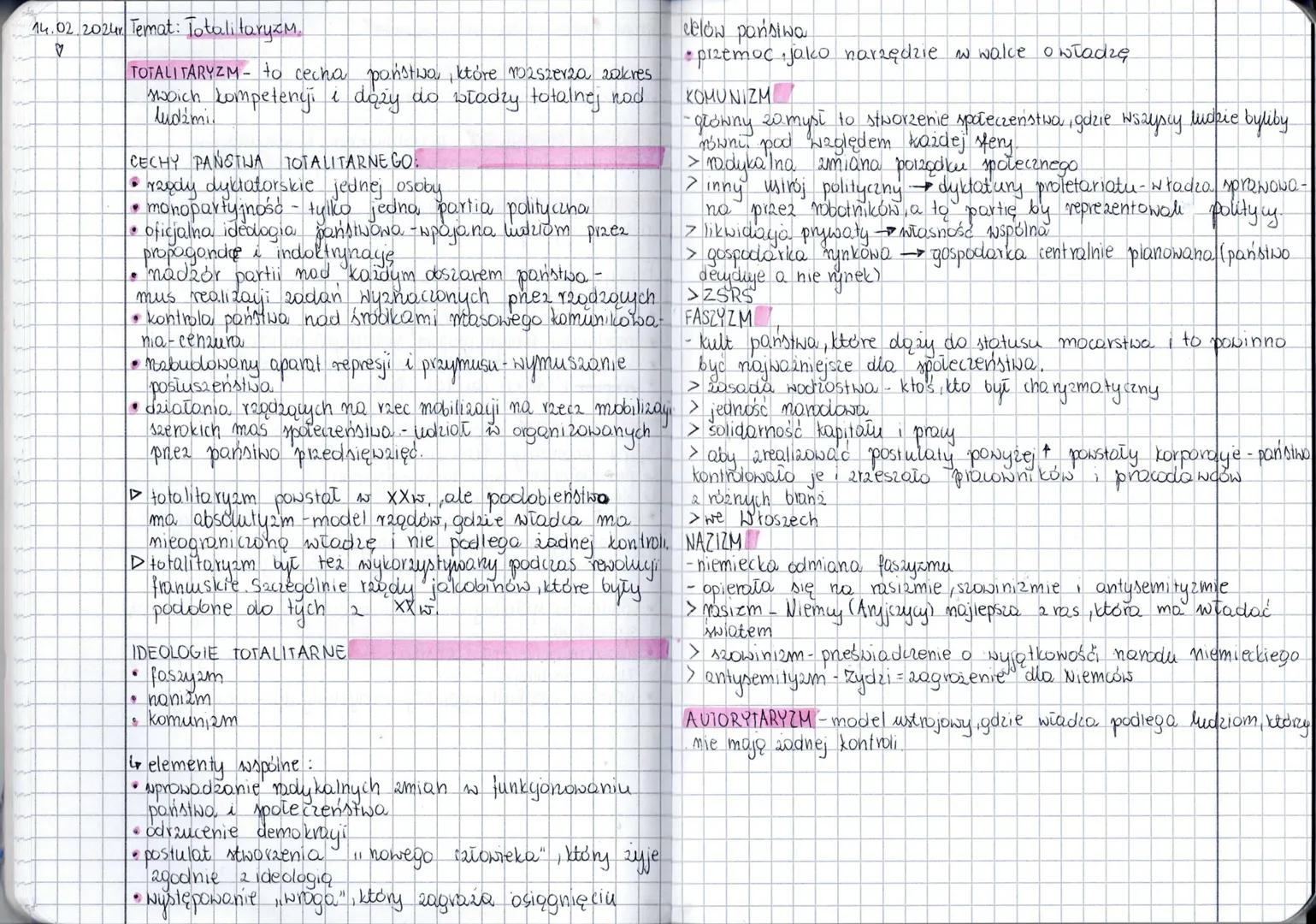 M
14.02.2024 Temat: Totalitaryzm.
V
TOTALITARYZM- to cecha poństwa, które mo2szerza zakres
swoich competenci i doży do władzy totalnej had
l