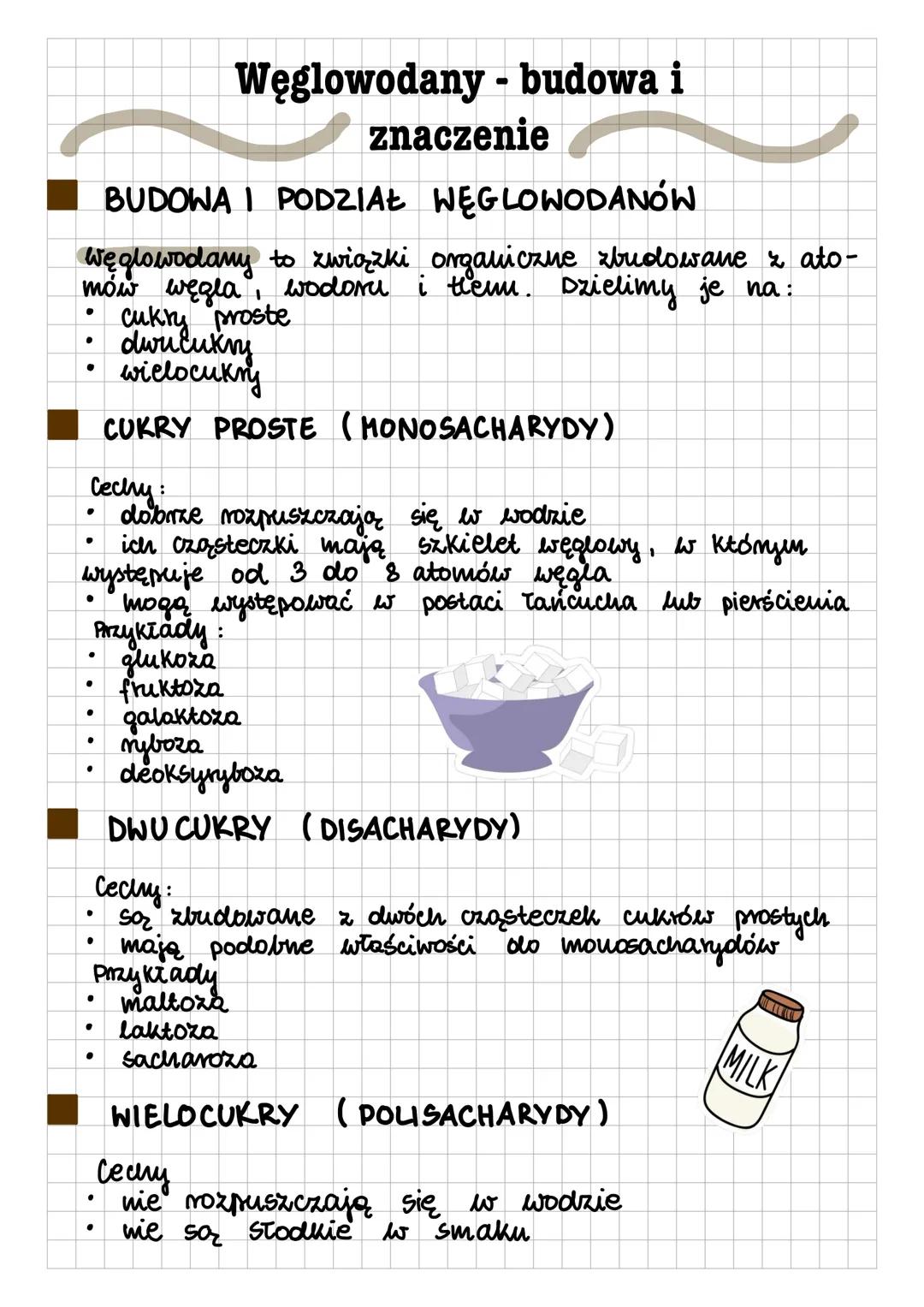 BUDOWA I PODZIAŁ WĘGLOWODANÓW
węglowodany to związki organiczne zbudowane & ato-
mów węgla, wodoru i thenu. Dzielimy je na:
cukry proste
dwu