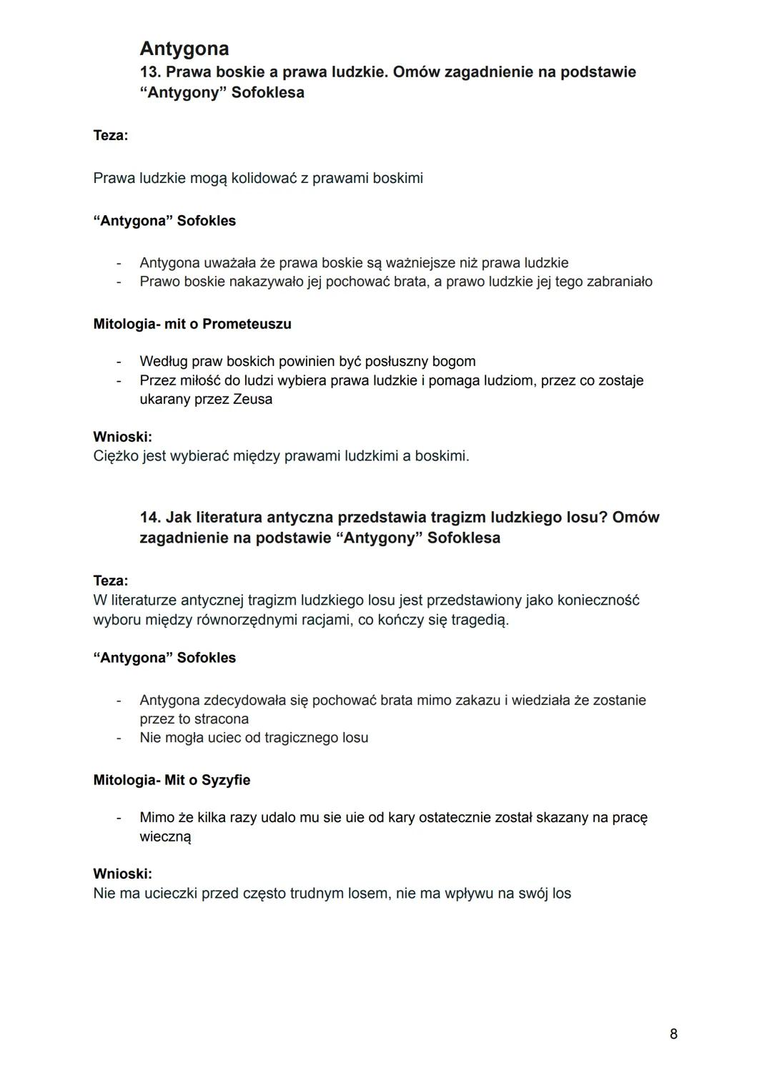 Teza:
Antygona
13. Prawa boskie a prawa ludzkie. Omów zagadnienie na podstawie
"Antygony" Sofoklesa
Prawa ludzkie mogą kolidować z prawami b