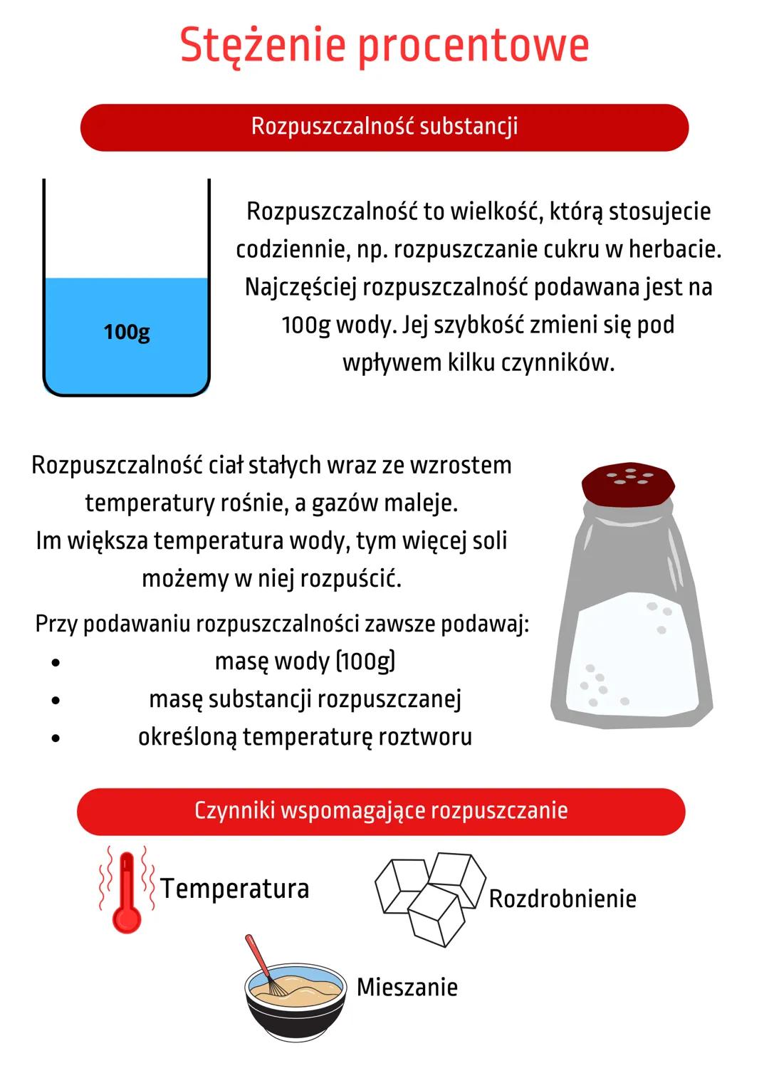 # Stężenie procentowe
Rozpuszczalność substancji
Rozpuszczalność to wielkość, którą stosujecie
codziennie, np. rozpuszczanie cukru w herba