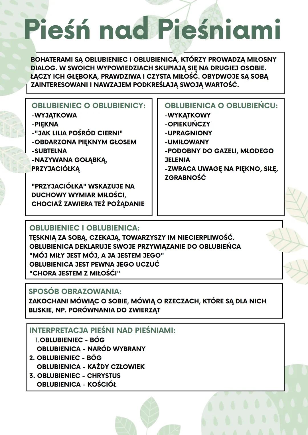 Pieśń nad Pieśniami
BOHATERAMI SĄ OBLUBIENIEC I OBLUBIENICA, KTÓRZY PROWADZĄ MIŁOSNY
DIALOG. W SWOICH WYPOWIEDZIACH SKUPIAJĄ SIĘ NA DRUGIEJ