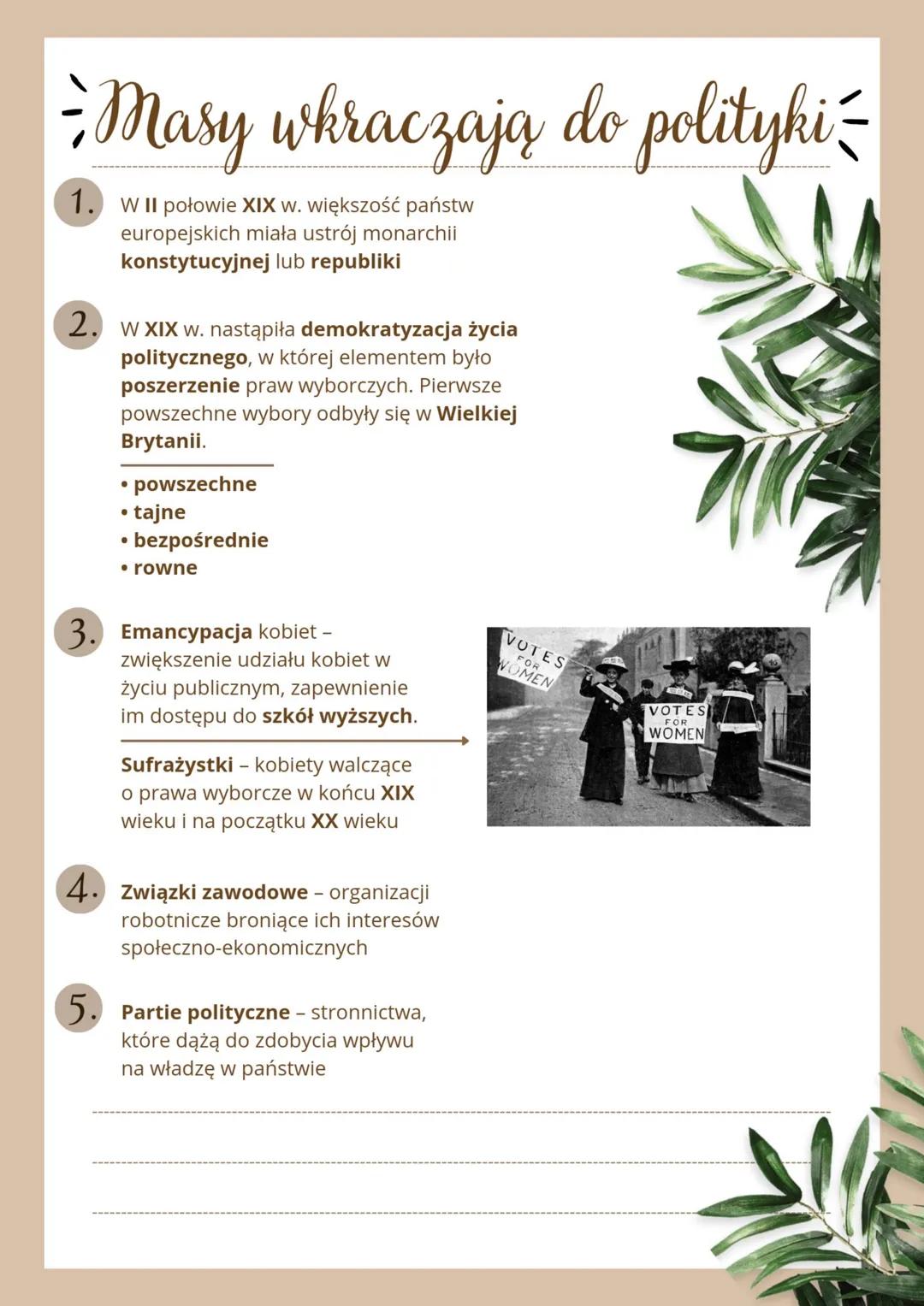 # Masy wkraczają do polityki -
1. W II połowie XIX w. większość państw
europejskich miała ustrój monarchii
konstytucyjnej lub republiki
2.