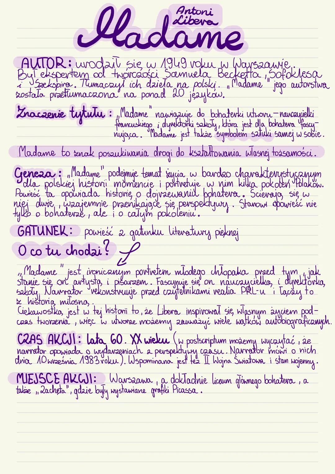 „Madame” Antoni Libera - opracowanie lektury