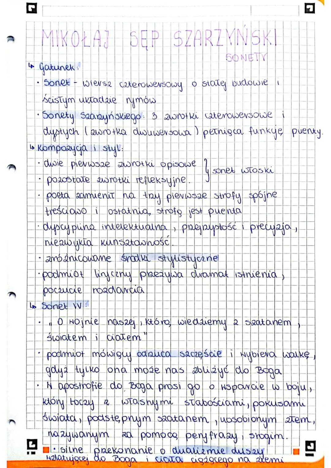 # MIKOŁAJ SĘP SZARZYNSKI
SONETY
↳ Gatunek:
- Sonet - wiersz czterowersowy o staty budowie i
scistym układzie rymów
- Sonety Szaryńskiego