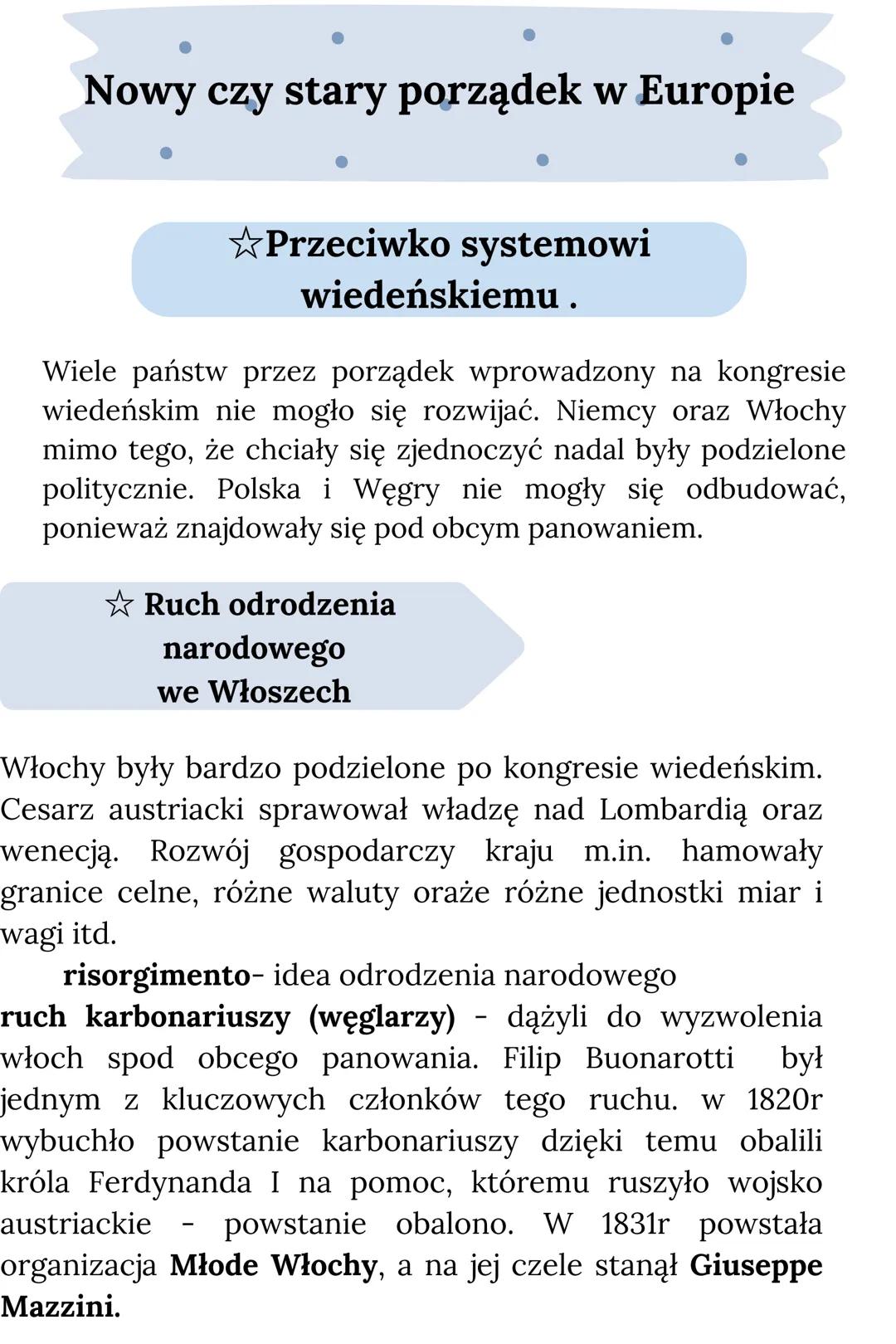 # Nowy czy stary porządek w Europie
✩Przeciwko systemowi
wiedeńskiemu.
Wiele państw przez porządek wprowadzony na kongresie
wiedeńskim nie