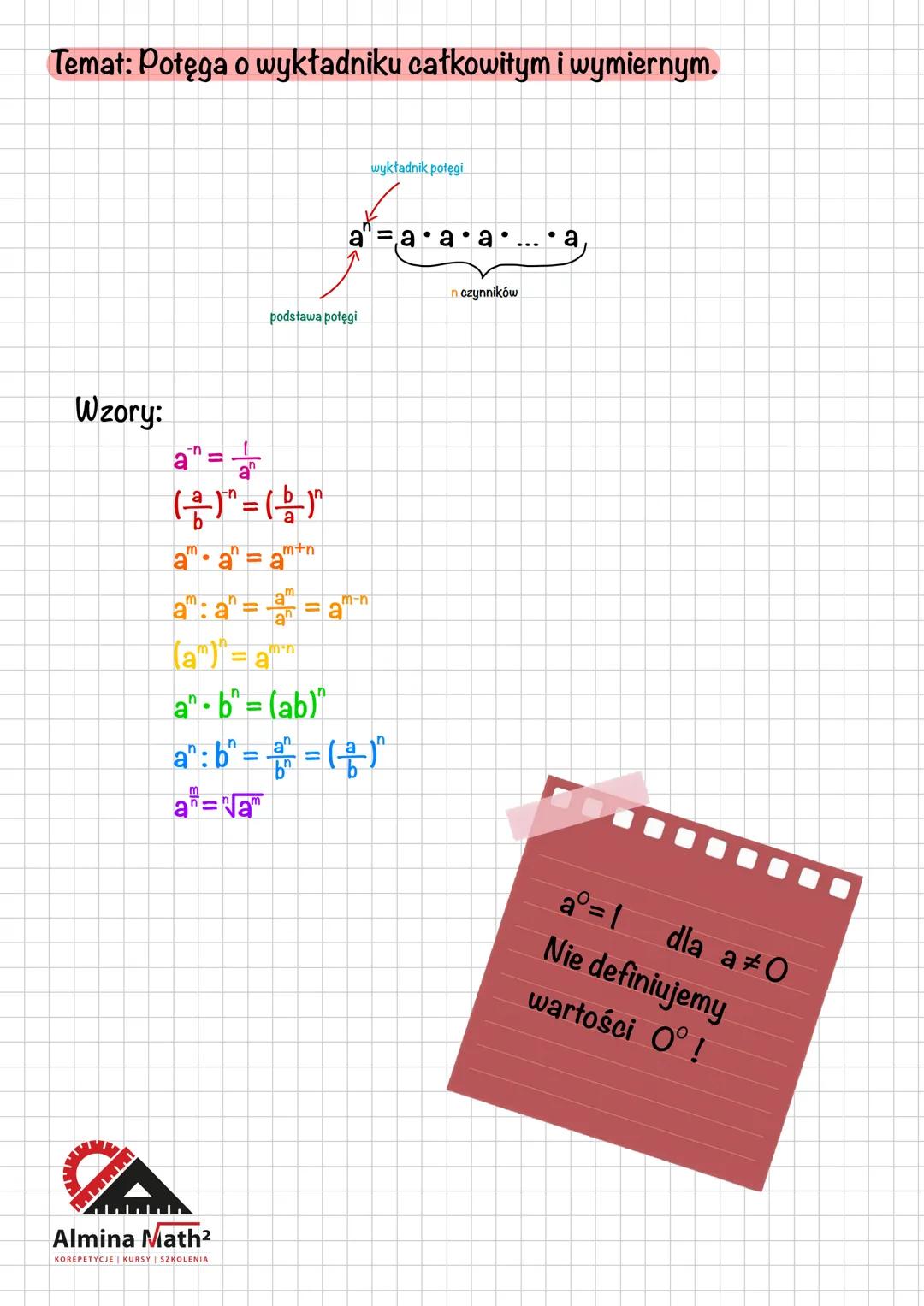 Temat: Potęga o wykładniku całkowitym i wymiernym.
Wzory:
a=
(음)" = (음)①
m+n
aa Fa
am: a =
podstawa potęgi
wykładnik potęgi
fors
a a a
n czy