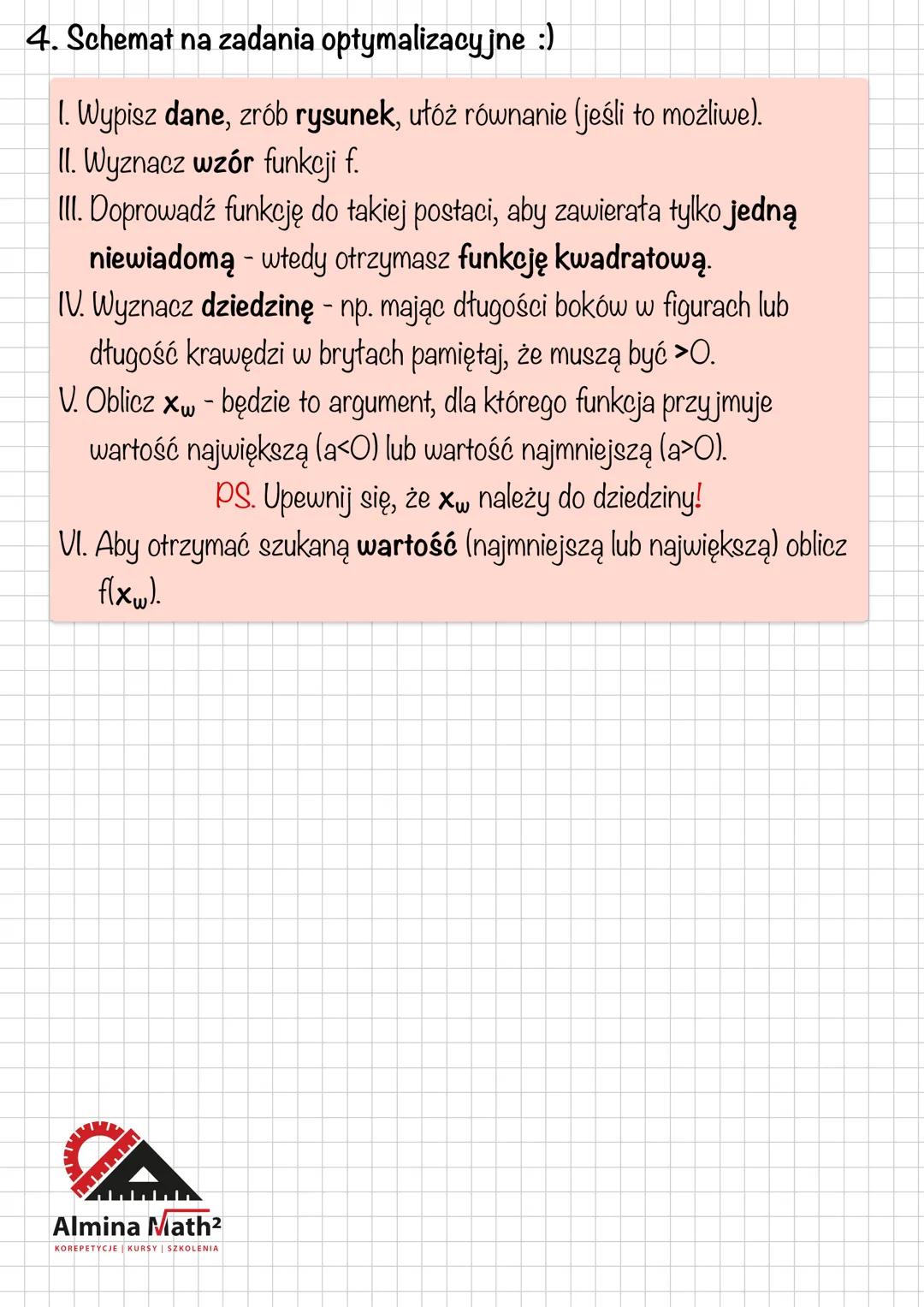 Temat: Zastosowania funkcji kwadratowej + OPTYMALIZACJA.
1. Najmniejsza i największa wartość funkcji.
Ay
* VA
fmin
fmax nie istnieje
2. Najm