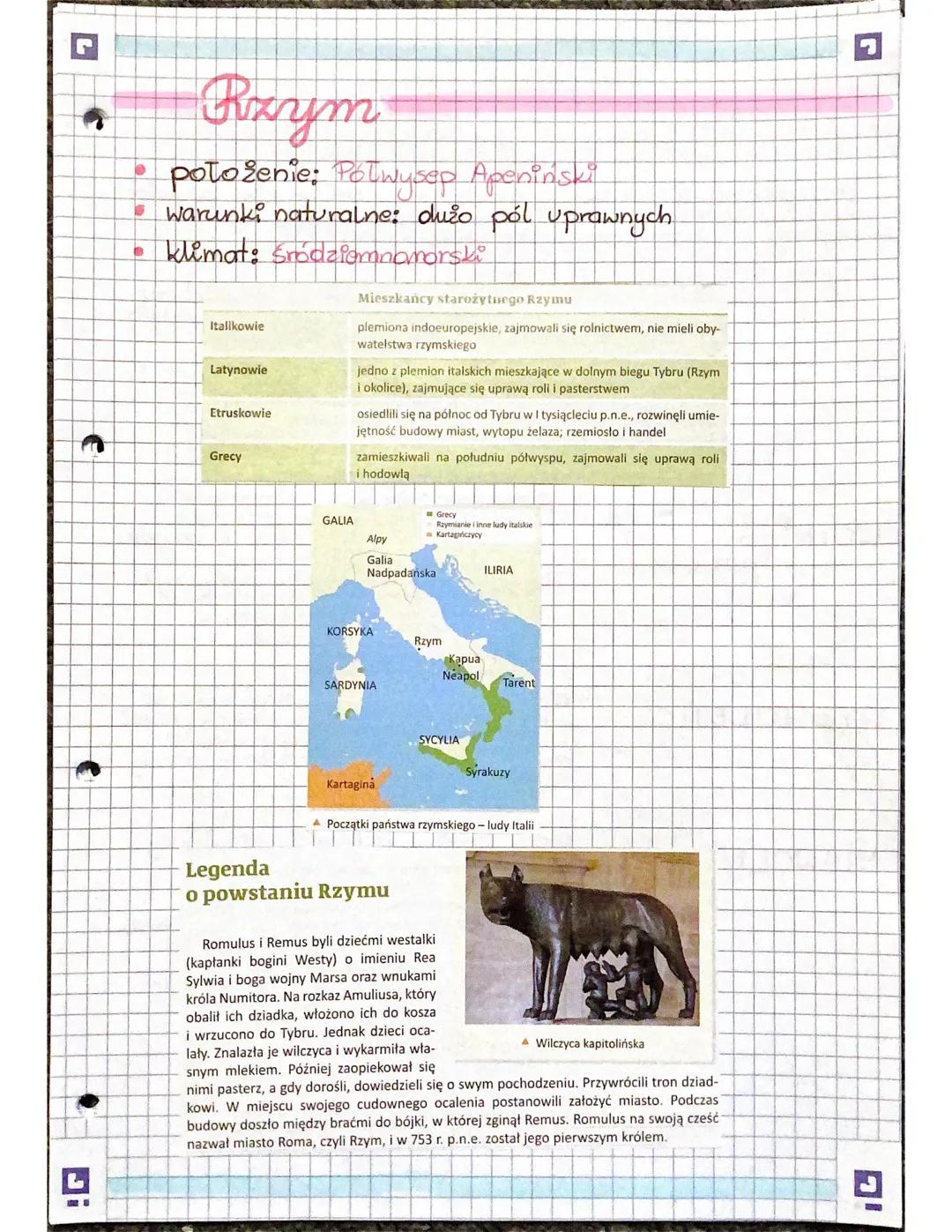 G
Rzym
● potoženie: Polwysep Apeninski
• warunki naturalne: dużo pól uprawnych
B klimat: Śródziemnomorski
Italikowie
Latynowie
Etruskowie
Gr