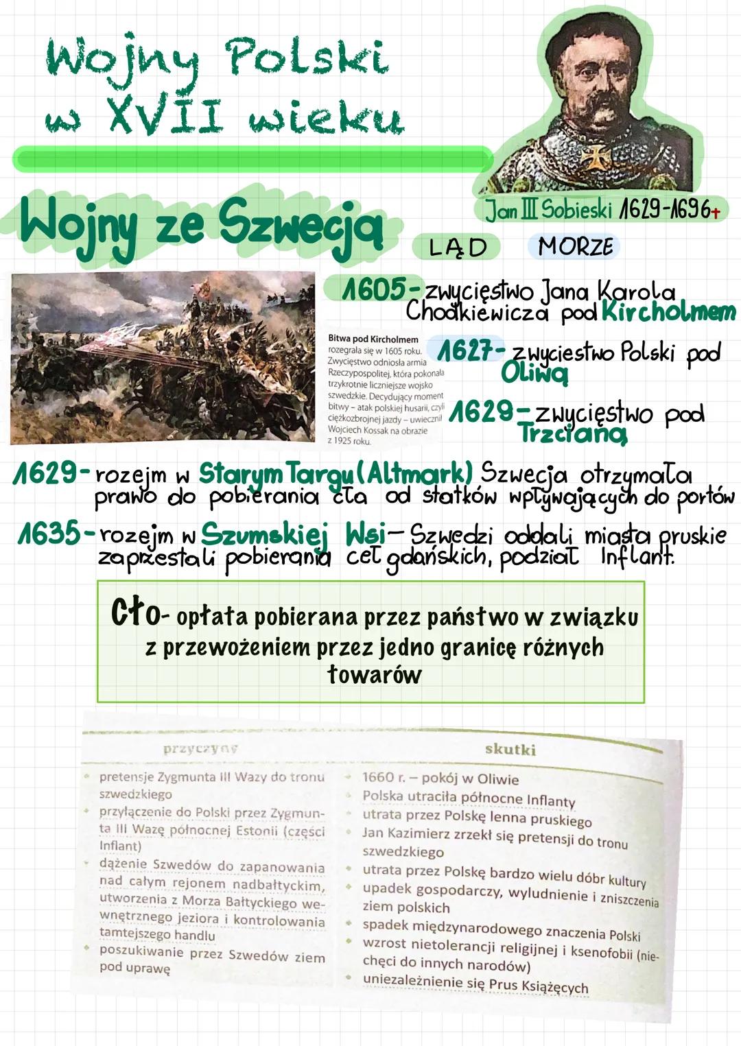 Wojny Polski
w XVII wieku
Wojny ze Szwecją
d
♦
Jan III Sobieski 1629-1696+
LĄD MORZE
przyczyny
1605-zwycięstwo Jana Karola
Chodkiewicza pod