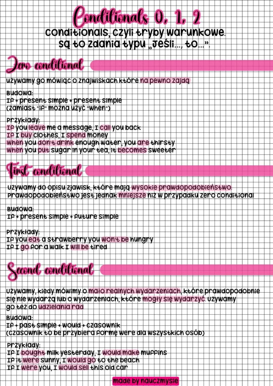 # Condilionals 0, 1, 2
conditionals, czyli tryby warunkowe.
są to zdania typu „JEŚli..., tO...”.
Jore conditional
uzywamy go mówiąc o znajw