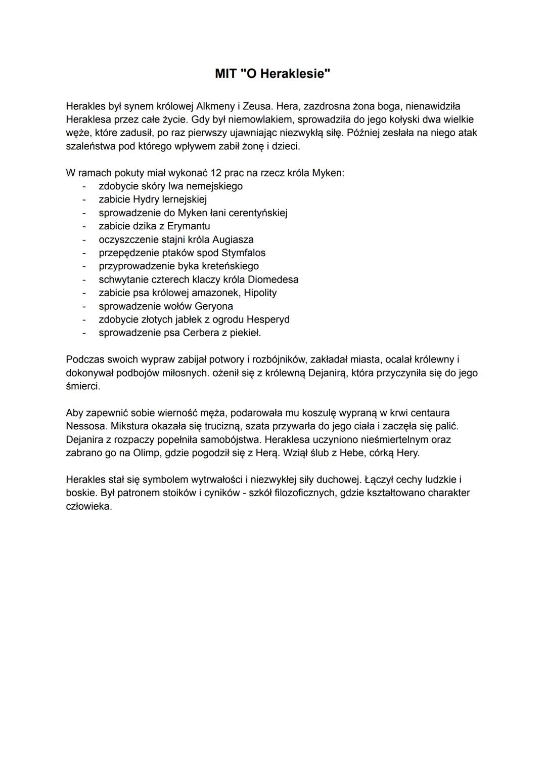 # MIT "O Heraklesie"
Herakles był synem królowej Alkmeny i Zeusa. Hera, zazdrosna żona boga, nienawidziła
Heraklesa przez całe życie. Gdy b